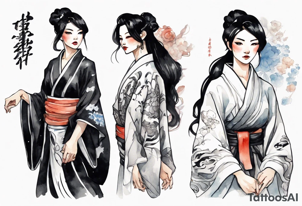 a black-haired woman dressed in a black and white robe, middle-aged, beautiful, asian tattoo idea
