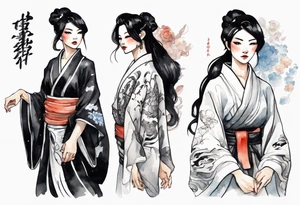 a black-haired woman dressed in a black and white robe, middle-aged, beautiful, asian tattoo idea