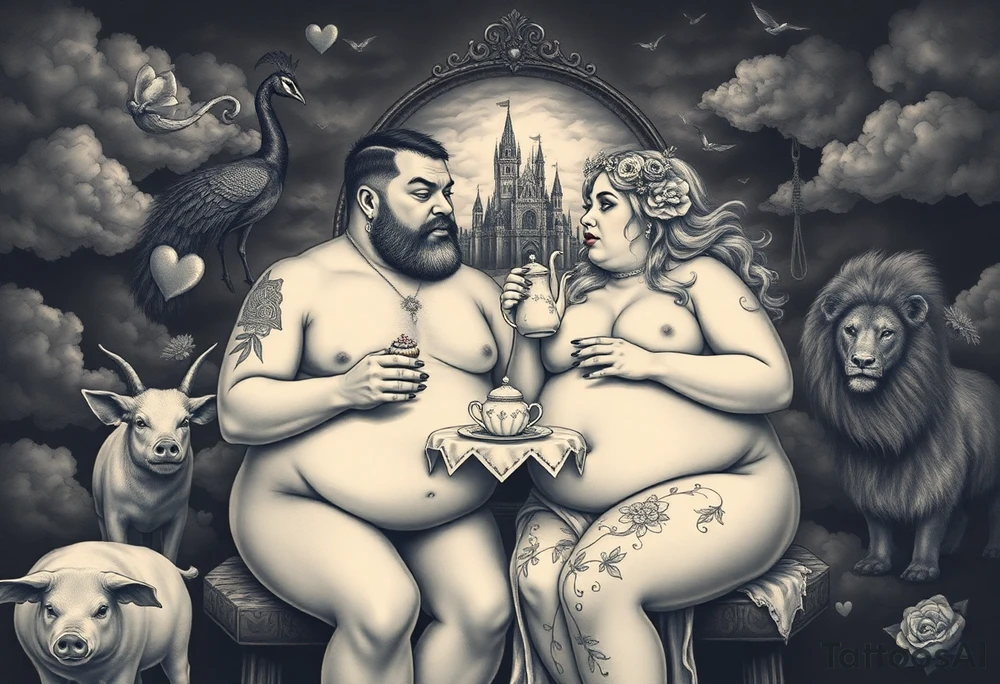 Mystical Naked Man and fat woman having sex eating cupcakes and  fruit  having sex clouds gothic sexy naked fat lady having a tea party with tea pot with fancy castle  
with a pigs, peacock,  lion, goat, noose and smoking cigerettes looking in the mirror thru storm clouds and broken hearts and darkness and wrath, envy , gluttony, greed, sloth, pride . Gothic tattoo idea