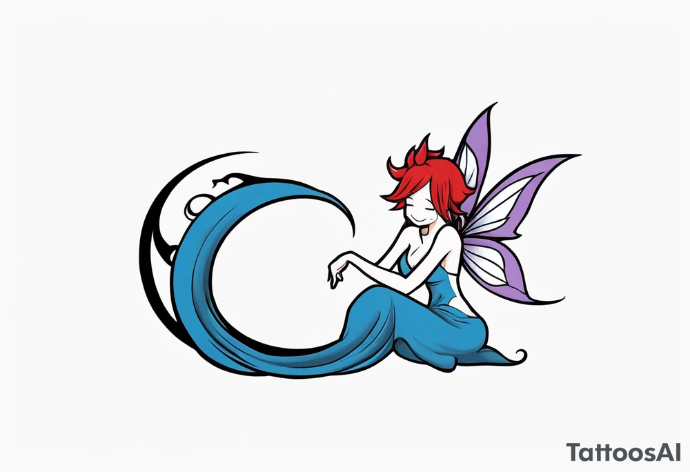 A fairy with a tail inspired by the logo of the show called Fairy Tail in a fetal position leaning with no ears tattoo idea