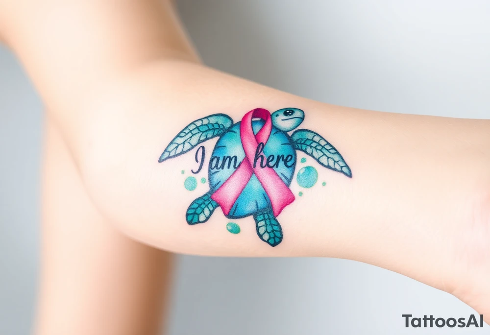 I am here pink ribbon sea turtle theme tattoo idea