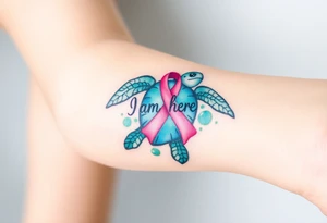 I am here pink ribbon sea turtle theme tattoo idea