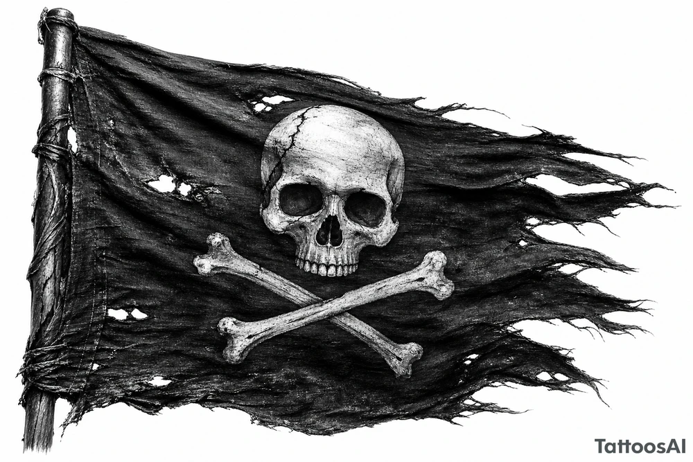 Tattered Jolly Roger flag, frayed edges, torn canvas texture, close-up. tattoo idea