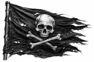 Tattered Jolly Roger flag, frayed edges, torn canvas texture, close-up. tattoo idea
