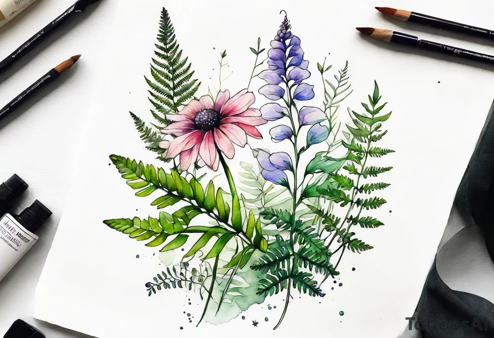 vertical mixed wildflower with ferns and with watercolor tattoo idea
