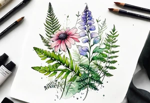 vertical mixed wildflower with ferns and with watercolor tattoo idea