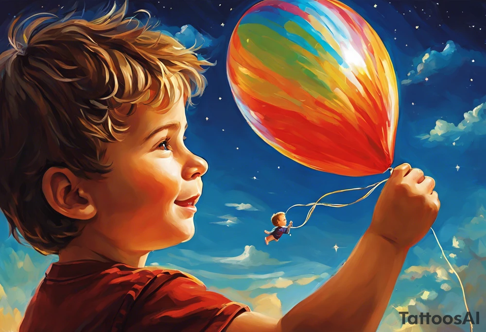 little boy holding a string to the earth shaped baloon.
boy should be drawed from behinfd anhas one hand reaching up in 45 degree angle and holding the baloon string
the string has a big wave in like a hearbeat pulse on it.
baloon is in the shape of the eharth and red toned. tattoo idea