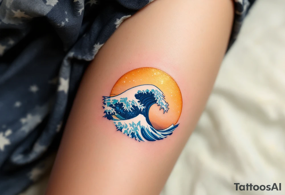 A sparkling sapphire-colored wave crests under a golden sky on the lower leg. tattoo idea
