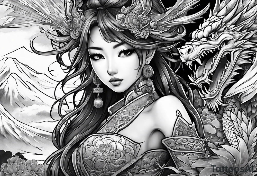 warrior beautiful fairy nymph with a full body with a sword and a full dragon with a mountain with clouds and a Japanese building background tattoo idea