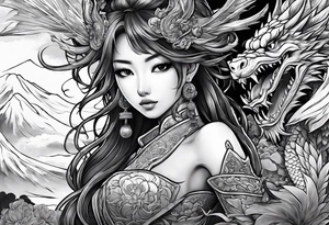 warrior beautiful fairy nymph with a full body with a sword and a full dragon with a mountain with clouds and a Japanese building background tattoo idea