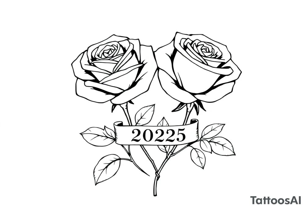 two beautiful large rose buds, one larger than the other, with many leaves next to the rose buds, with one sitting higher than the other. Include a banner connecting the two roses with the year "2025" on it.   Use dark outlines with little shading. The two stems should be short, not long, and connect and join into one stem, whimsically curved or twisted - not straight down. tattoo idea