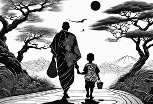 Child walking next to dad past away in Africa shape tattoo idea