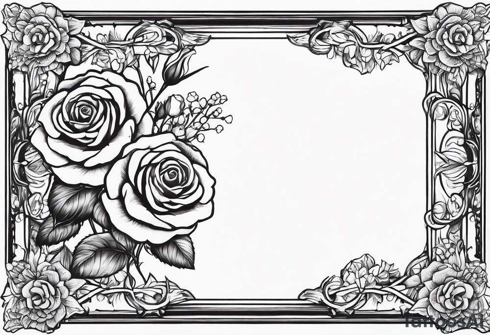 Vintage frame in frame there are roses and baby’s breath flowers tattoo idea