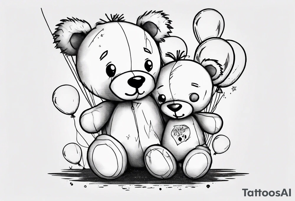 Scruffy teddy bear holding on to balloons and wearing a T-shirt tattoo idea