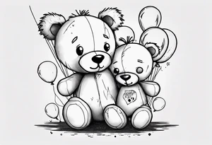 Scruffy teddy bear holding on to balloons and wearing a T-shirt tattoo idea