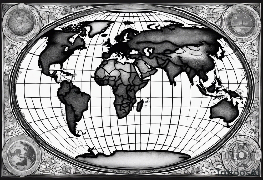 the earth on a flat map with light fading shading placed on a grid with only the lines with accurate depictions of the borders in countries while having it in an oval/circular position tattoo idea