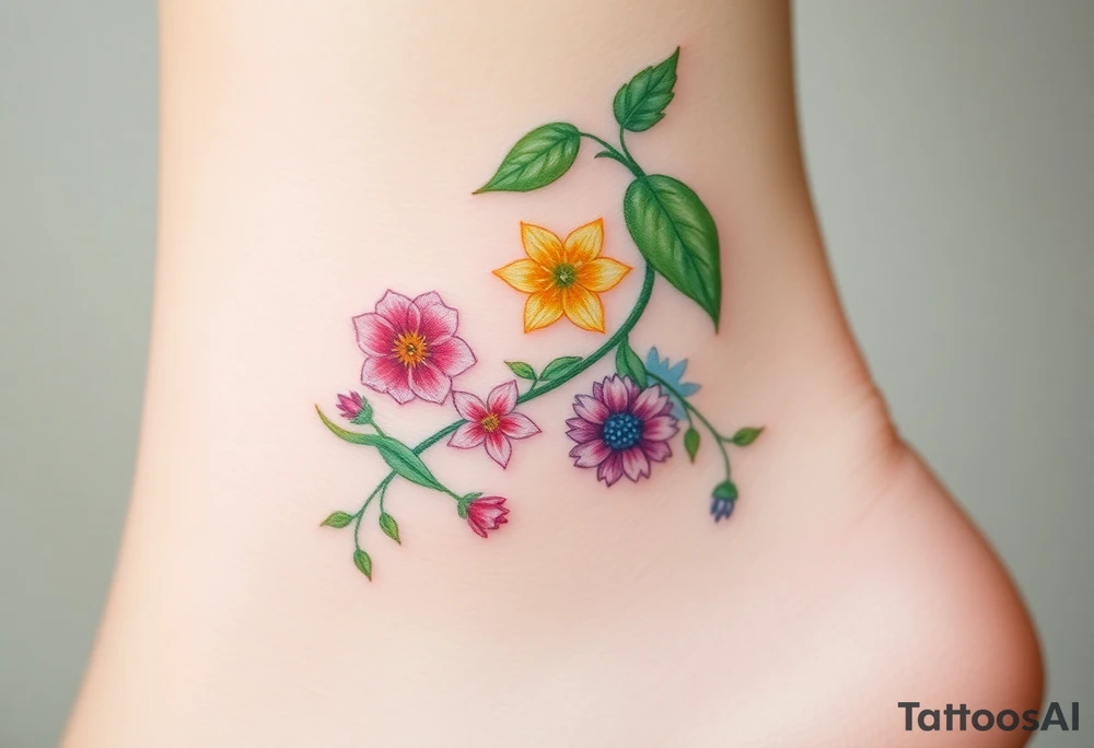 Vine with alternating flowers daffodil,
Lily, chrysanthemum, rose, aster, narcissus tattoo idea