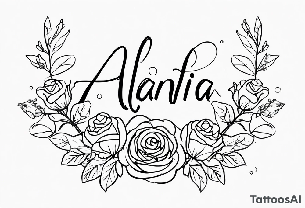 Alaina in cursive with small roses around it on left pec tattoo idea