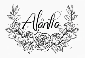 Alaina in cursive with small roses around it on left pec tattoo idea