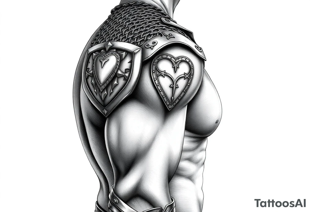 Chainmail armor from top of trapezius to below elbow with an intricate plate armor piece with a heart on shoulder tattoo idea