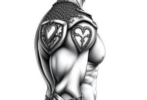 Chainmail armor from top of trapezius to below elbow with an intricate plate armor piece with a heart on shoulder tattoo idea