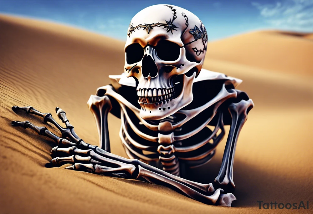 skeleton crawling towards a cross in a desert tattoo idea