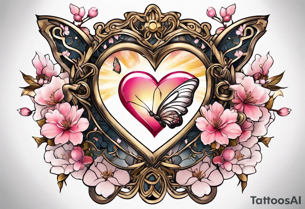 Cherry Blossom Tattoo with a key that unlocks a heart surrounded by white butterflies and in a golden aura tattoo idea