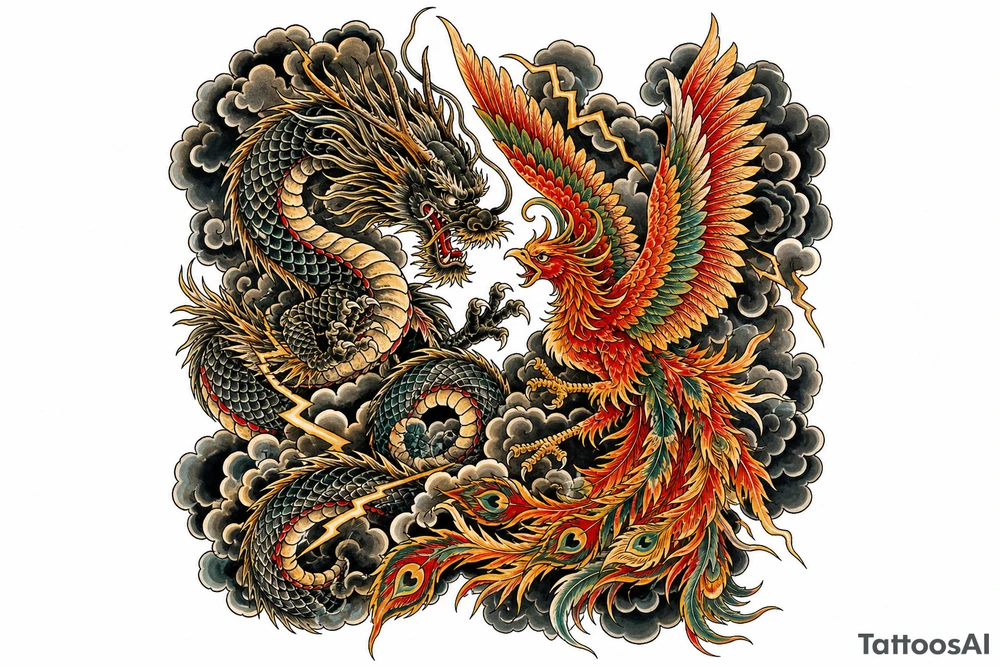 Japanese dragon and phoenix clashing in stormy, dark clouds, traditional ink style. tattoo idea