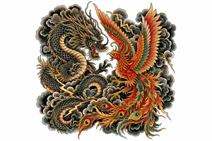 Japanese dragon and phoenix clashing in stormy, dark clouds, traditional ink style. tattoo idea