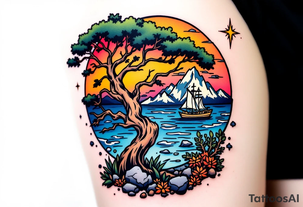 tattoo that has an acacia tree with mountains, ocean with a ship wreck and the northern star tattoo idea