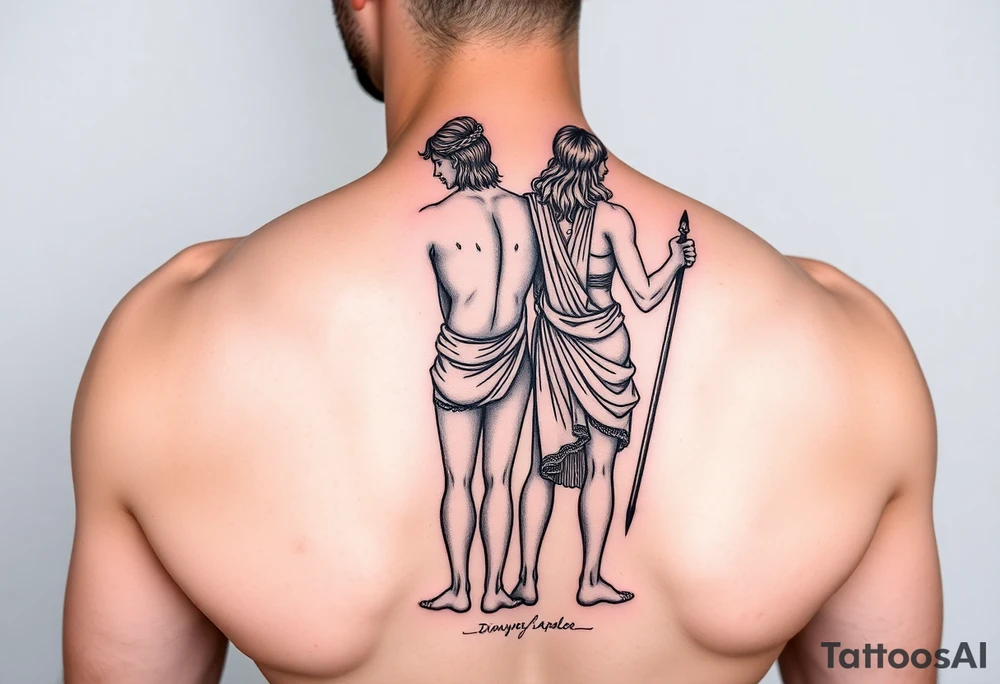 dionysos and apollo standing back on back tattoo idea