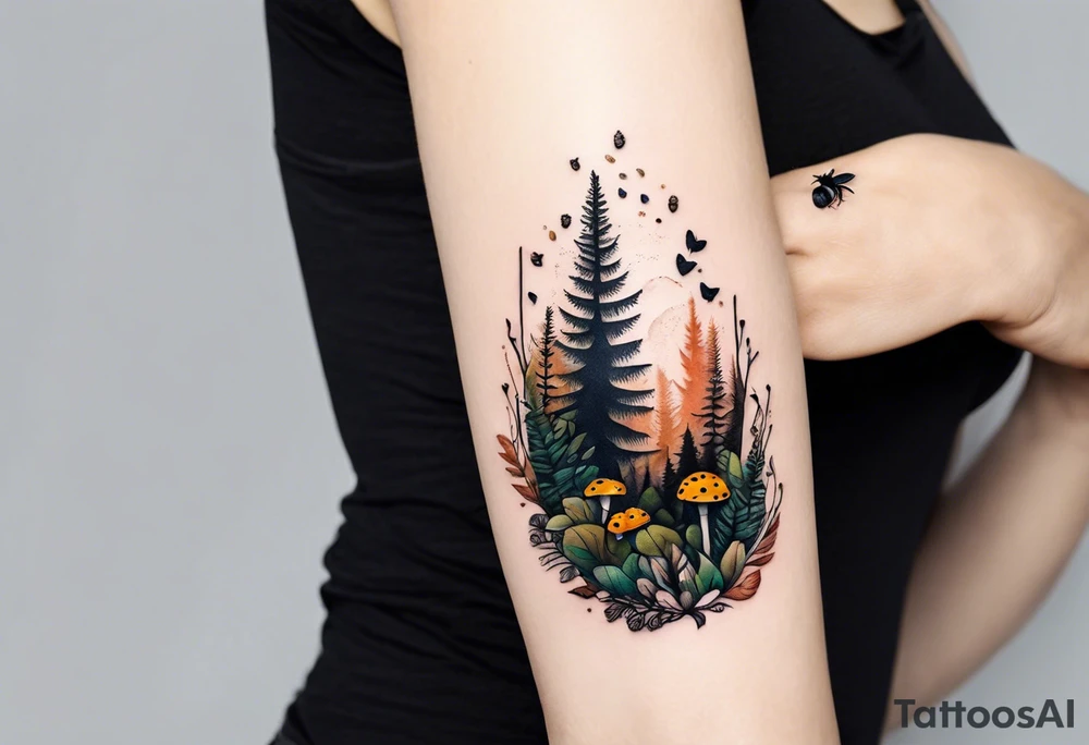 forest floor inspired minimalist tattoo, which includes grass, curly ferns, moss and dead leaves as the bulk of the tattoo. details to include: forest berries, a tiny bumblebee flying nearby, three small brown mushrooms
Generate a vertically long one tattoo idea