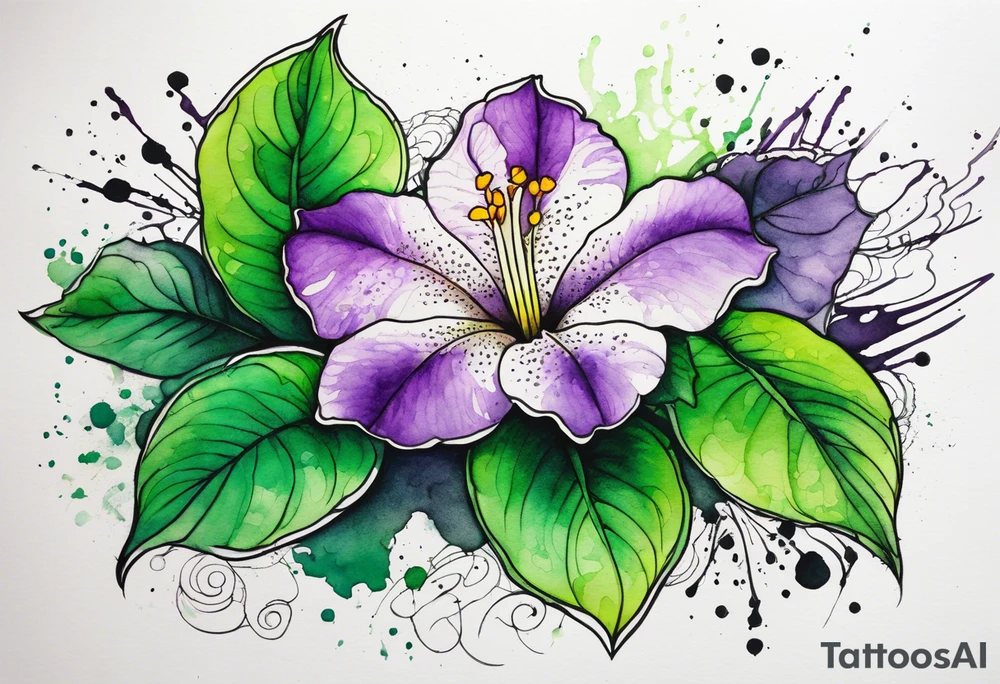 An outline of a green rio dipladenia flower and a green and purple watercolor splash in the background tattoo idea
