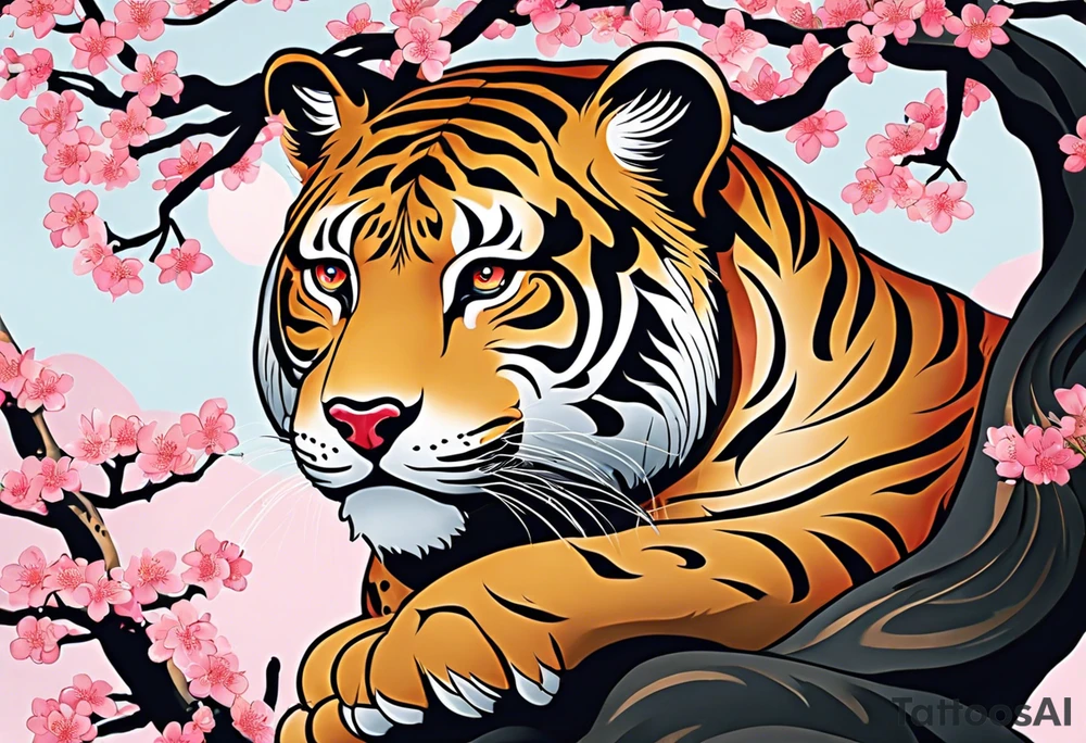 An irezumi style big cat, which looks like the traditional japanese drawing of a tiger. The colour and pattern of a jaguar on the body of the big cat. It should be climbing upwards, with the head looking to the right. The background is a stylised cherry blossom tree with multiple shades of pink for the blossoms. The colours of the background are not dark, so that the jaguar stands out against the background. tattoo idea