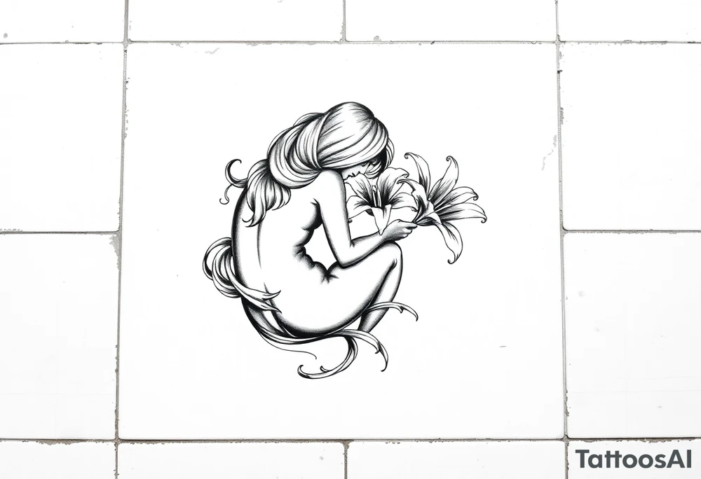 A simple tile floor. On top of the tile A curled figure with a lily next to her tattoo idea