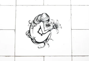 A simple tile floor. On top of the tile A curled figure with a lily next to her tattoo idea
