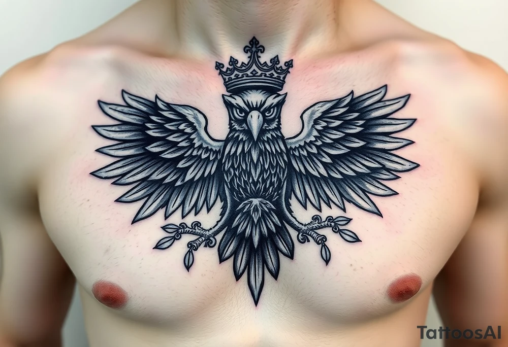 Chest tattoo,powerful two polish symetricals majestic darks eagle with crown, surrounded by lure ornaments tattoo idea