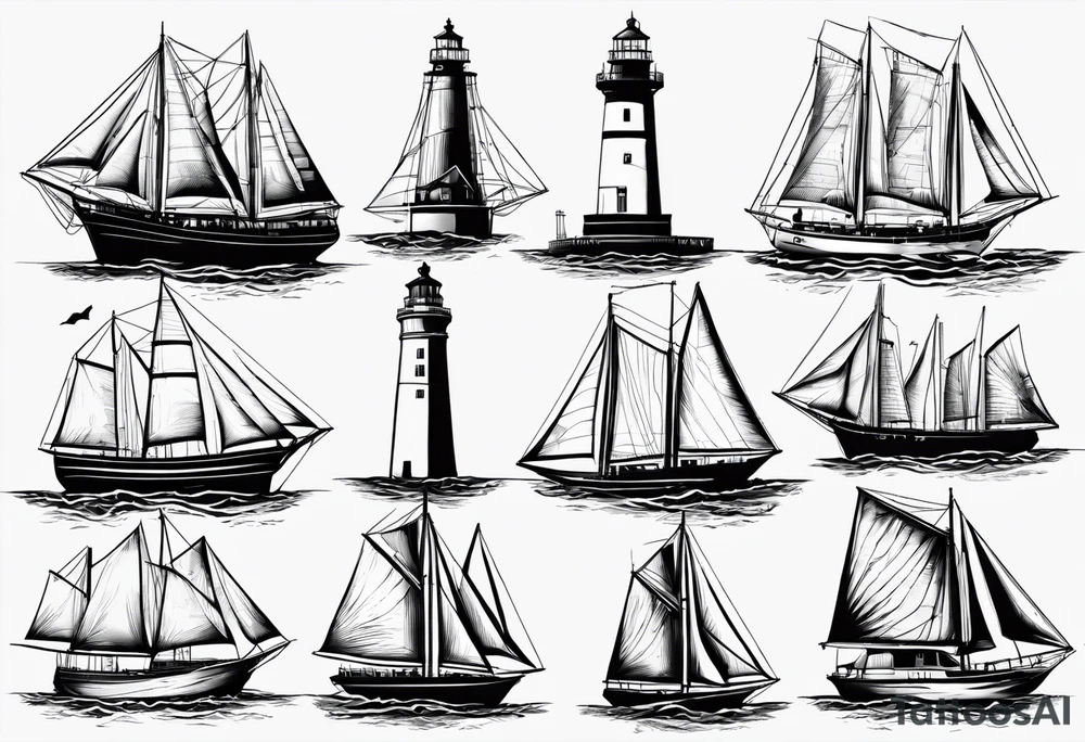 voilier vue de face. phare maritime fixé au centre du voilier et utilisé comme un mat pour les voiles. tattoo idea