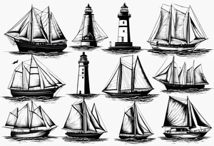 voilier vue de face. phare maritime fixé au centre du voilier et utilisé comme un mat pour les voiles. tattoo idea