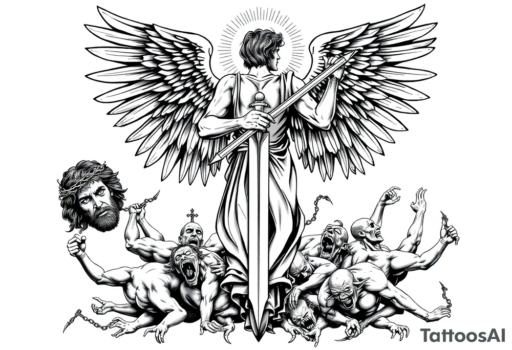 The tattoo is a black and gray, highly detailed, full-back design in a classical artistic style, depicting a powerful Archangel Michael as the central figure. He stands in a dominant stance, wielding a long, intricately designed sword, symbolizing divine justice. His large, majestic wings extend outward, detailed with fine feather textures, creating a sense of movement and grandeur. A radiant halo or divine light emanates from behind his head, reinforcing his celestial presence.

Below Archangel Michael, defeated demons writhe in agony, their faces twisted in expressions of despair as they are cast down. Their muscular, contorted bodies contrast with the angel’s calm, commanding presence. Some demons may have broken chains around them, symbolizing their fall from grace.

To the left of Archangel Michael, Jesus Christ is depicted wearing a crown of thorns, his face solemn and contemplative, representing sacrifice and redemption. His hair flows naturally, and his eyes may be gazing downward with an expression of divine wisdom and sorrow. His placement aligns with Christian iconography, adding to the religious depth of the tattoo.

On the right side, a sorrowful Virgin Mary is depicted with a serene yet deeply emotional expression. She is draped in flowing robes, her hands clasped in prayer or gently outstretched. Her presence balances the composition, representing mercy, compassion, and divine grace.

The background features dramatic, swirling clouds, rays of light, and subtle celestial elements to enhance the spiritual and dramatic atmosphere. The shading technique uses deep contrasts and smooth gradients to create depth, making the figures appear almost sculptural. Every detail, from the folds of the robes to the individual feathers of Michael’s wings, is meticulously rendered for a realistic and timeless aesthetic. tattoo idea
