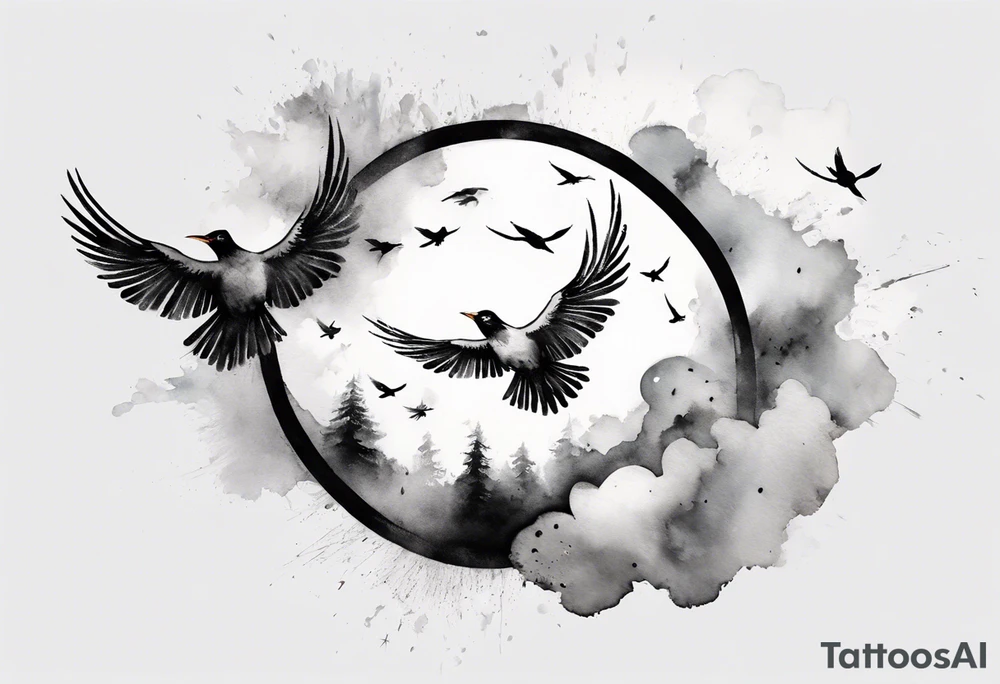 shoulder tattoo with light rays with birds flying free among the clouds, round shape, 3d effect tattoo idea
