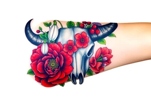 Buffalo or bison skull with flowers. Snow drop and red peony. Green holly with red berries, purple larkspur, red peony.  Colour. For upper arm or shoulder. Masculin. tattoo idea