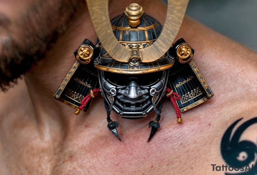 A samurai helmet (kabuto) in deep black steel with crimson cords and gold trim. tattoo idea