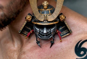 A samurai helmet (kabuto) in deep black steel with crimson cords and gold trim. tattoo idea