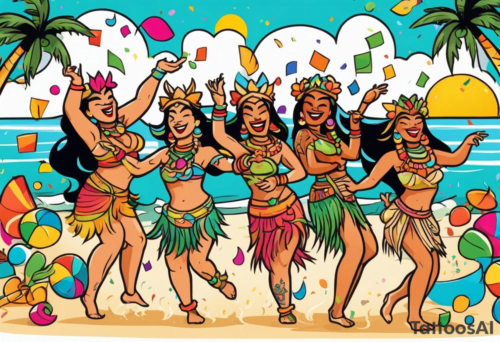 beach party scene with tiki gods and hulu girls dancing include music notes and confetti. leave a blank area in the middle of the image tattoo idea