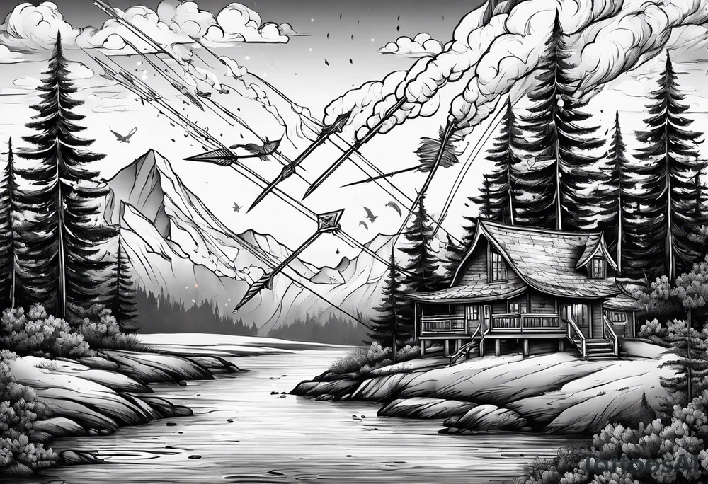 flaming arrows raining down from sky tattoo idea