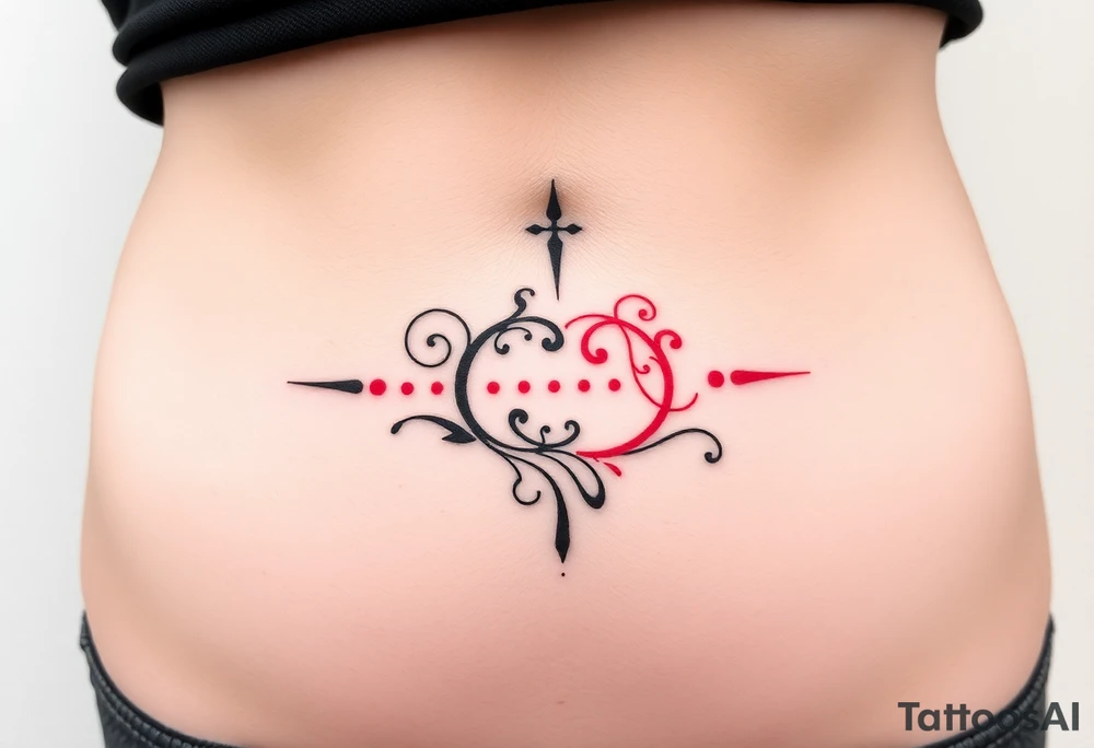 “-... .-. .- . .- .-.. ....... -.. .- .-- --- --- -.. .......” with swirl design in red ink on female hip bone/lower stomach tattoo idea