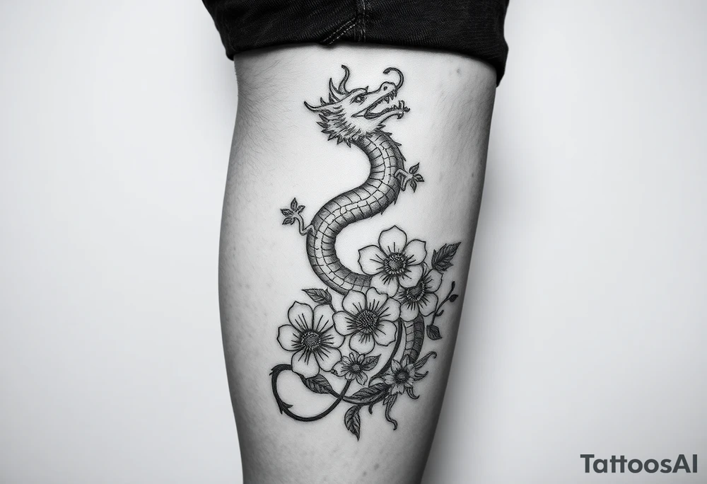 Leg area back of calf dragon going up 4 flowers tattoo idea