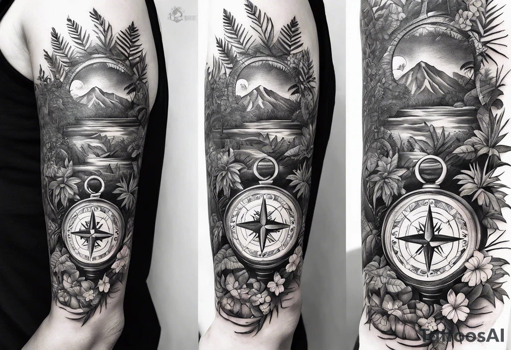full arm sleeve tattoo with Vigvisir compass and all-seeing eye surrounded by jungle plants tattoo idea