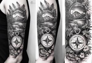full arm sleeve tattoo with Vigvisir compass and all-seeing eye surrounded by jungle plants tattoo idea